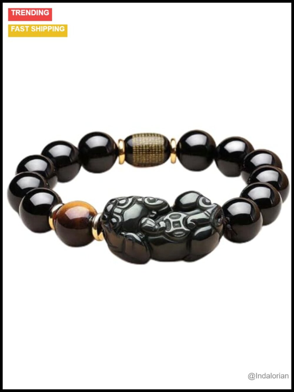 Black Obsidian Healing Crystal Bracelet with Pixiu and Tiger Eye Beads for